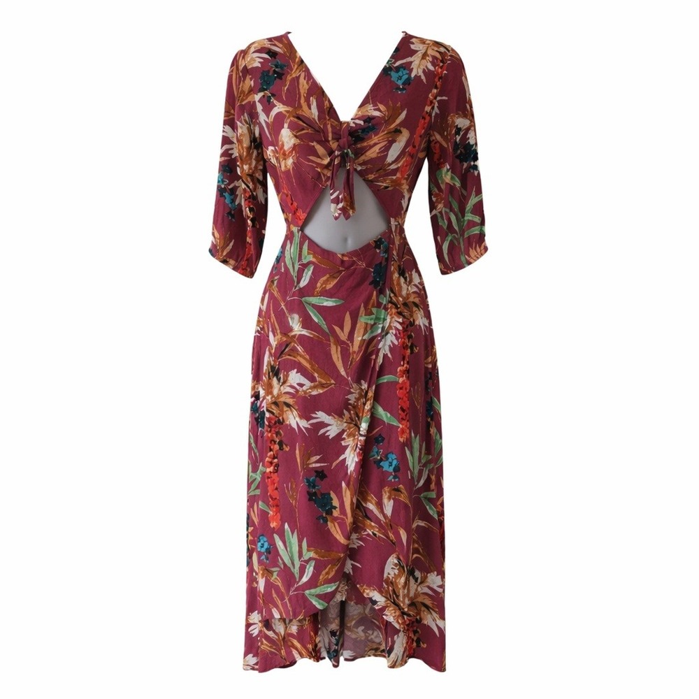 Express Womens Floral Front Cutout Midi Wrap Dress Sz Small Burgundy Multi-Color